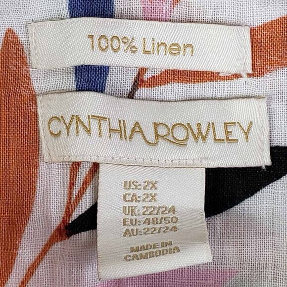 Cynthia Rowley Tunic Shirt Popover Womens 2X White Linen Button LS Tropical - Picture 7 of 9